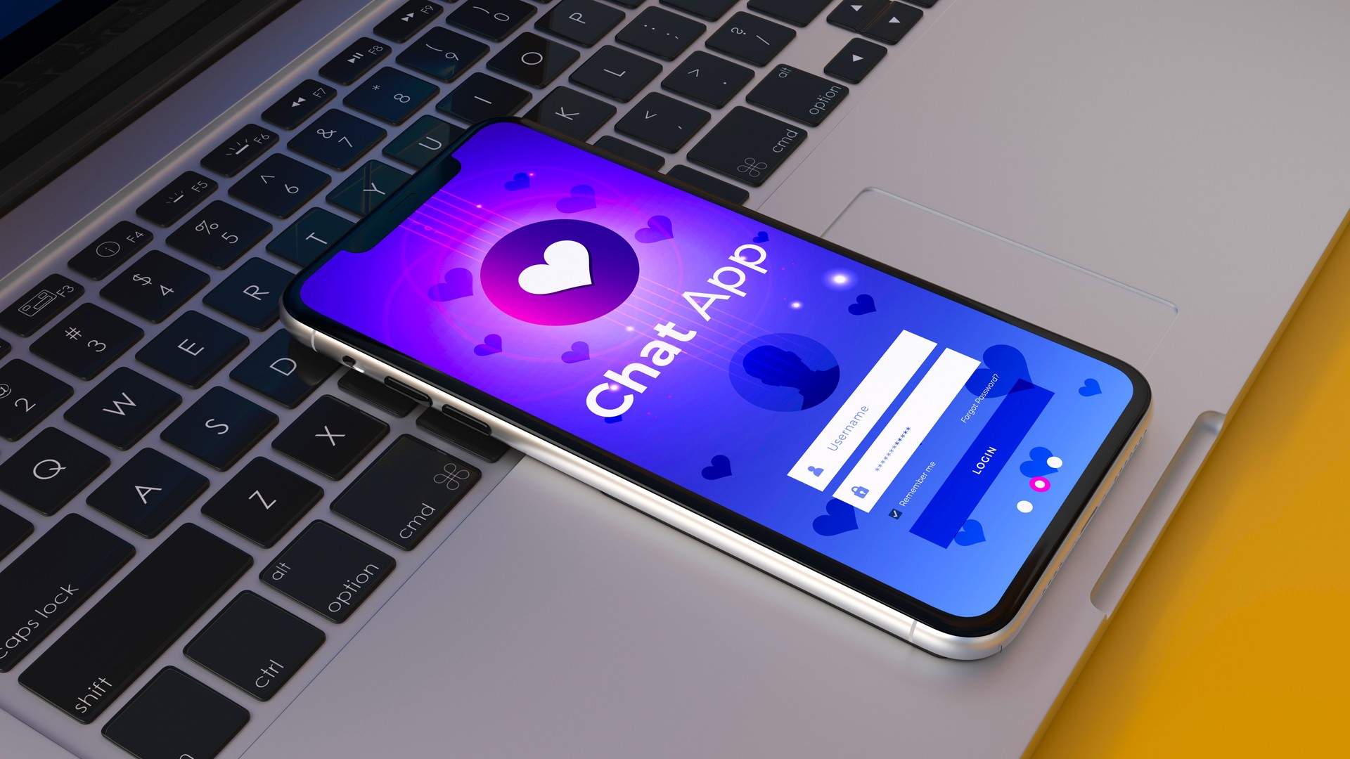 Smartphone on laptop keyboard, chat app login screen, vibrant gradient background, heart icons, online dating concept, sleek modern design, 3D render.