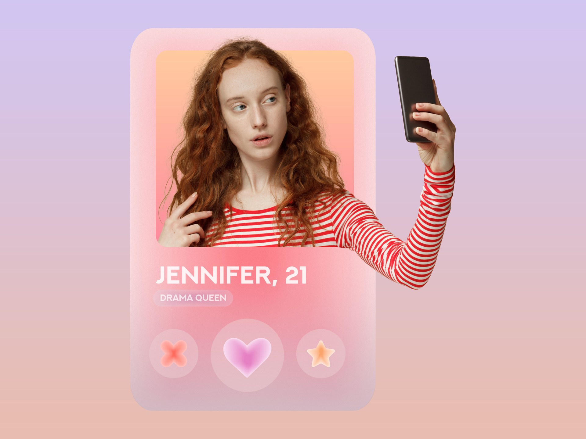 Profile of beautiful redhead girl taking selfie on phone for dating app