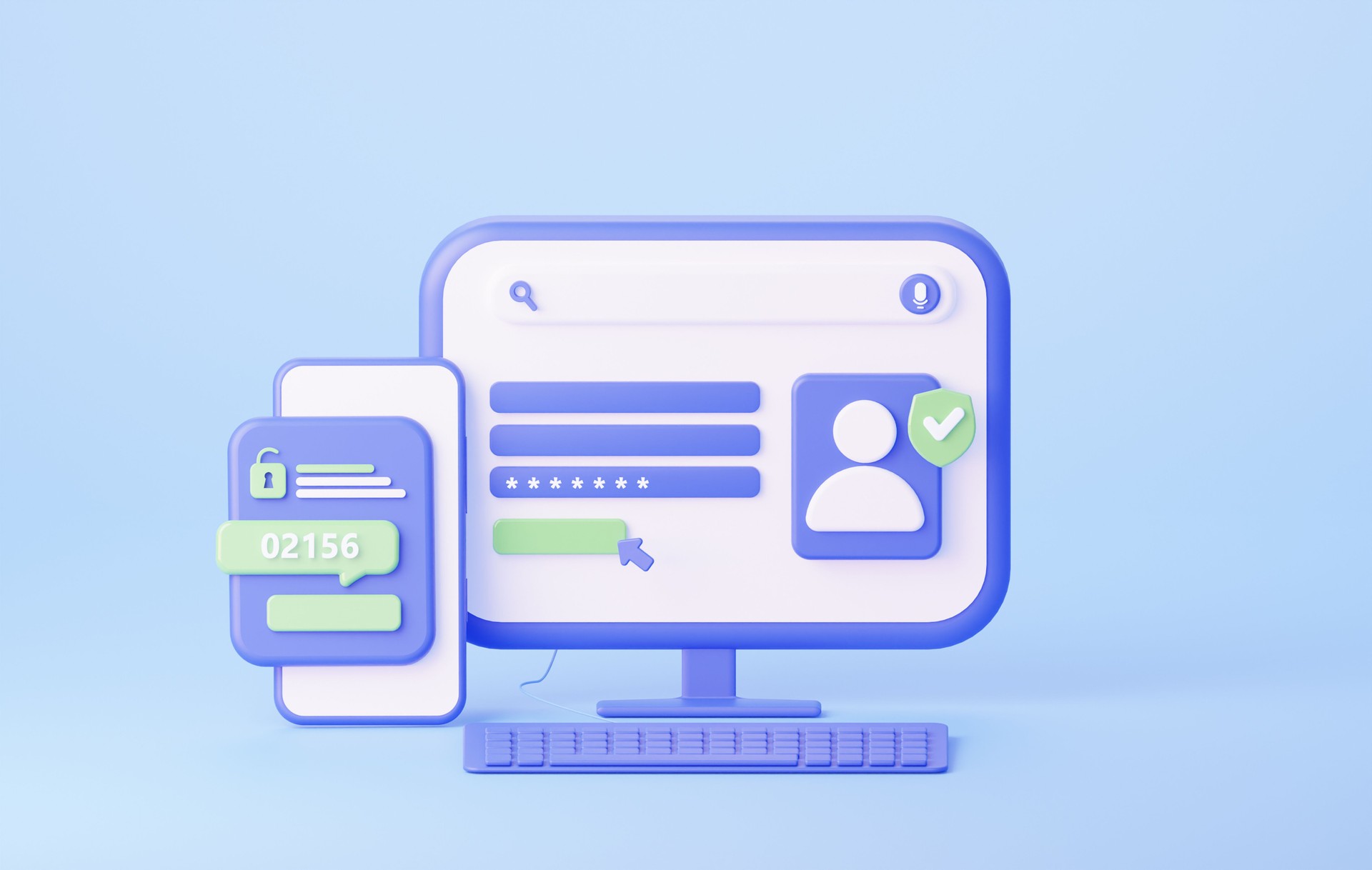 Two steps authebtidication on phone. Verification code on mobile for secure. Two factor verification via computer and phone. 3d rendering